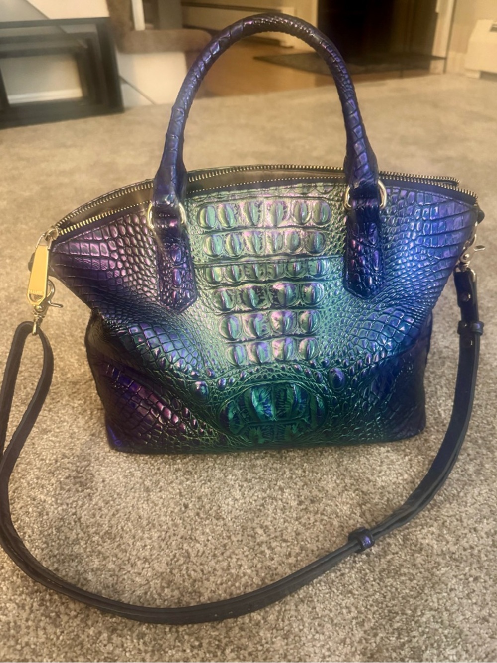 Brahmin Iridescent Croc-Embossed Satchel - Green/Blue/Purple